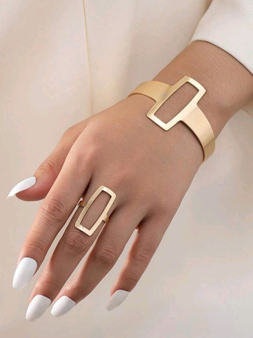 Fashion Jewelry Gold Open Rectangle Cuff and Ring Set